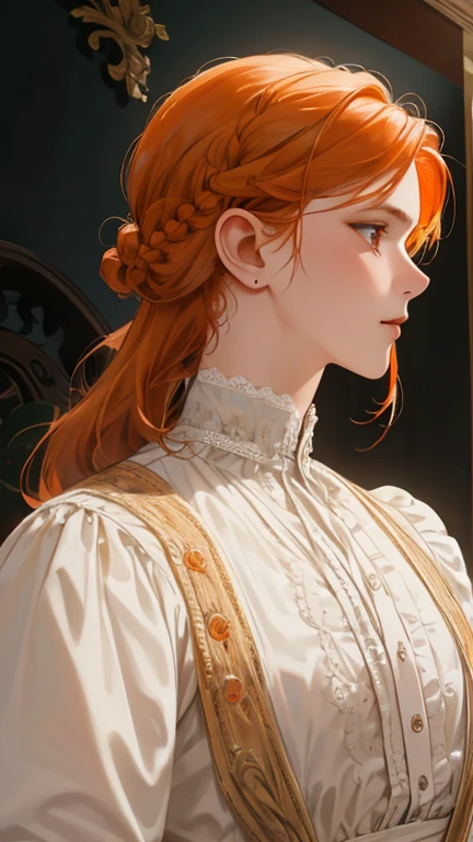 masterpiece, best quality, Practical, (absurd, High resolution, Super detailed), victorian era, Europe in the 18th century,noble,Orange hair color,braid, Delicate and meticulous, 8K, Reality, Dramatic Lighting, high quality, Complex design, classical portrait, enlarged texture, Exquisite details