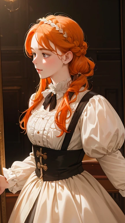 masterpiece, best quality, Practical, (absurd, High resolution, Super detailed), victorian era, Europe in the 18th century,noble,Orange hair color,braid, Delicate and meticulous, 8K, Reality, Dramatic Lighting, high quality, Complex design, classical portrait, enlarged texture, Exquisite details
