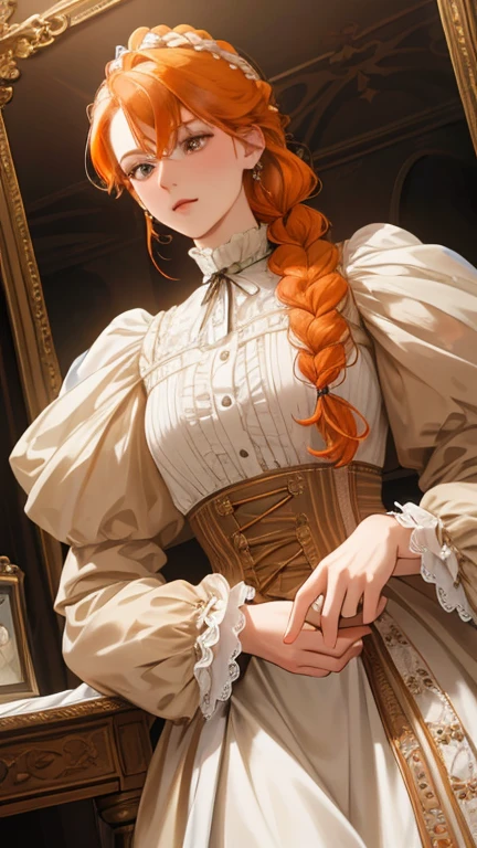 masterpiece, best quality, Practical, (absurd, High resolution, Super detailed), victorian era, Europe in the 18th century,noble,Orange hair color,braid, Delicate and meticulous, 8K, Reality, Dramatic Lighting, high quality, Complex design, classical portrait, enlarged texture, Exquisite details