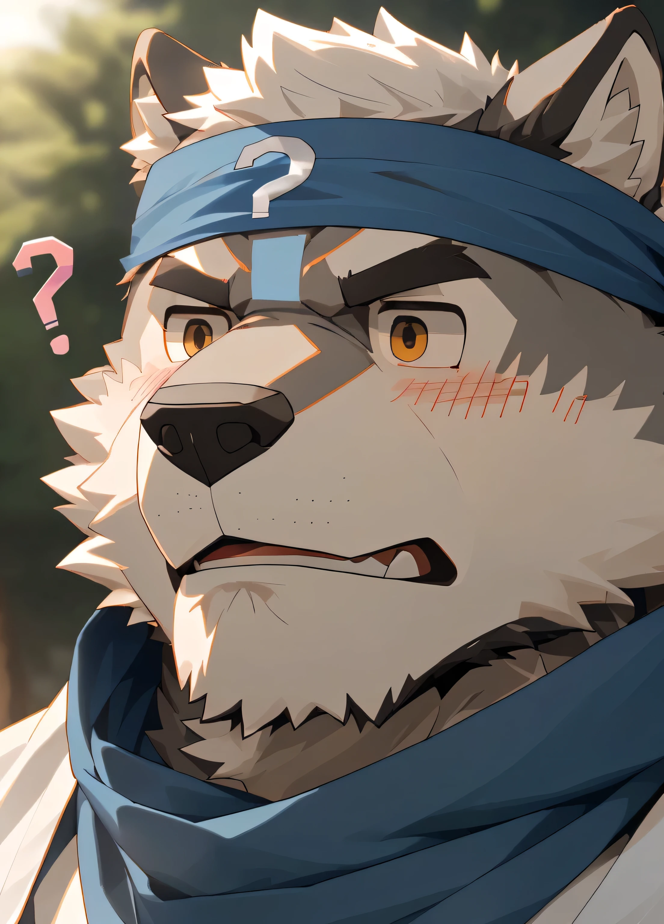 (masterpiece),(Very detailed),(best quality),hairy,Wolf,Dark black fur,white hair,Gray pupil,Muscular,(Japan samurai attire),((blue scarf)),((Brown headband)),(blush:1.1),(A puzzled expression:1.2),((question mark:1.3)),((Ultra HD close-up:1.4)),8K,(high quality),(Ultra high quality),(Super detailed),(Best Works)