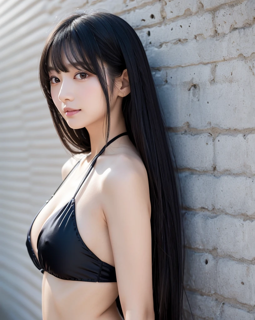 (Highest quality, 32k, High resolution, Masterpiece:1.5, ), marimo_jet, god々A photograph with brilliant dazzling and healing power., Evoking a sense of calm and elusive beauty, Expressing emotions, Have a rich imagination,Beautiful Japanese Girls, An exceptionally beautiful face, Small Face Beauty, Perfect Human Anatomy, ((Shooting from the side:1.5)), Magical big eyes, Motherhood and generosity, Deep Love, fleeting smile, ((Shiny black hair:1.1)), ((Super Long Straight Silk Hair)), Asymmetrical bangs, Hair between the eyes, Transparent, soft white skin, Sharp eyebrows, Thin lashes, Natural Makeup, Cheek highlighter, Pale pink detailed lips, , ((High-quality black bikini:1.2)), High resolutionの完璧な鎖骨, High resolutionの美しい胸元, Slim figure with ample breasts, High resolutionの美しい太もも, ((Concrete wall background:1.3)), Dazzling Sun, Professional Lighting, Professional photographer, Professional models, god秘的