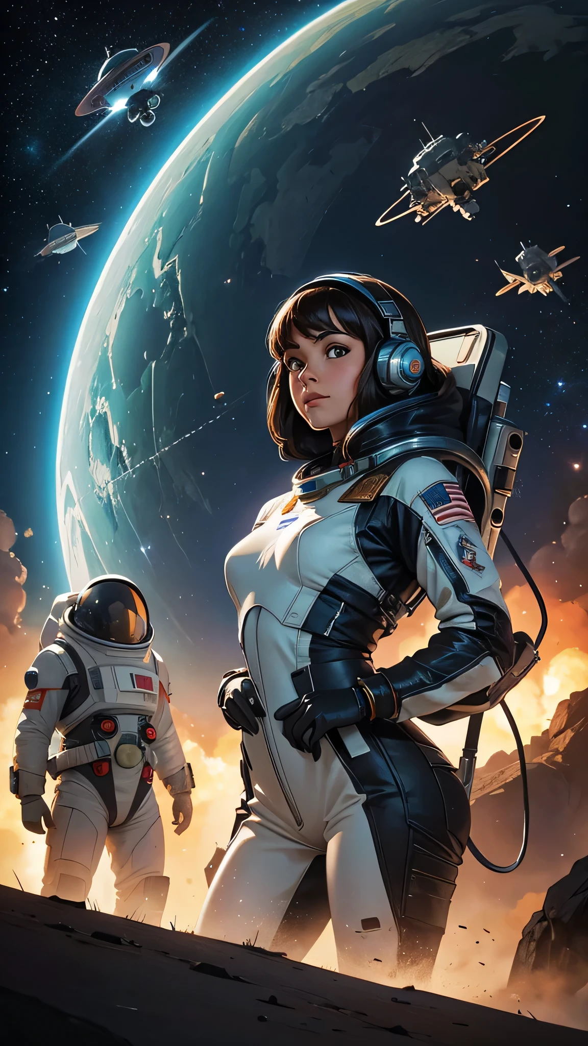 Sci-fi space scene, aliens, rocket, robotics, female astronaut illustrated by Bob Layzell