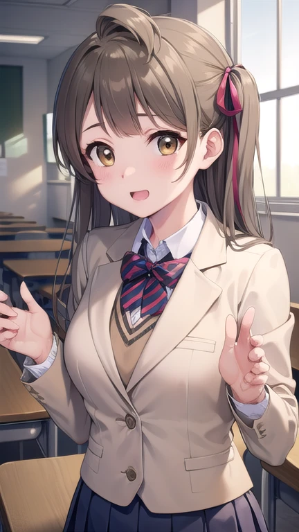 kotoriminami, kotori minami, brown hair, (brown eyes:1.5), one side up, hair ribbon, ribbon, long hair,
BREAK blazer, blue skirt, jacket, otonokizaka , pleated skirt, , winter uniform,
BREAK looking at viewer,
BREAK indoors, classroom, 
BREAK (masterpiece:1.2), best quality, high resolution, unity 8k wallpaper, (illustration:0.8), (beautiful detailed eyes:1.6), extremely detailed face, perfect lighting, extremely detailed CG, (perfect hands, perfect anatomy),