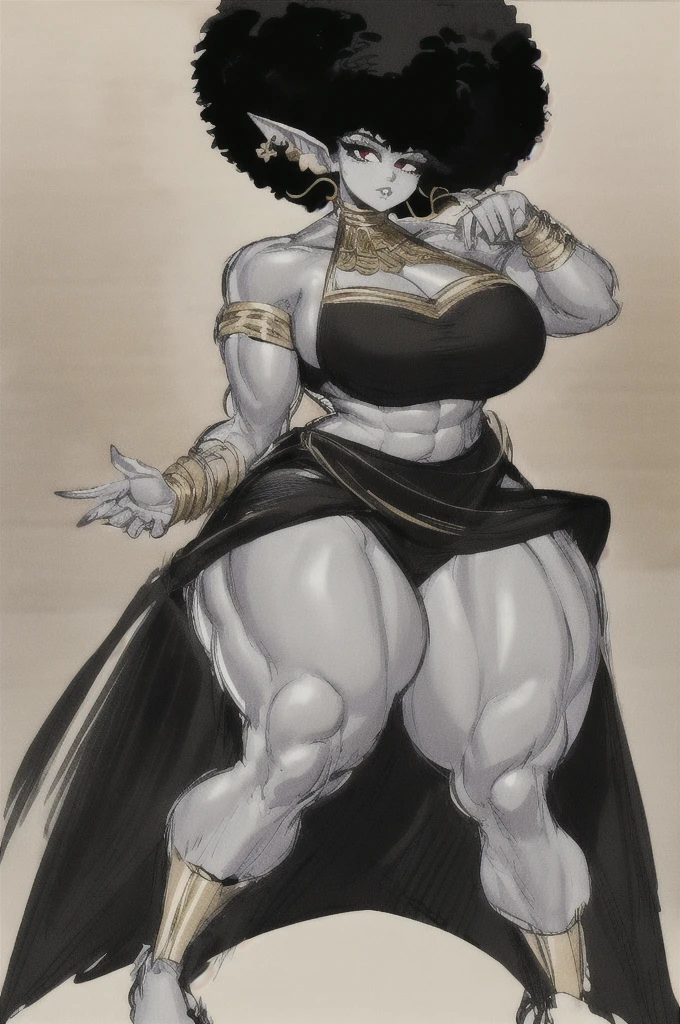 (masterpiece, best quality:1.2),1 girl, voluptuous body, full body, masterpiece, dominant pose, good anatomy, no extra limbs, big ass, thick thighs, black hair, voluminous afro, pointy ears, gold earrings, black top with red details, black skirt with red details, gold necklaces wide hips