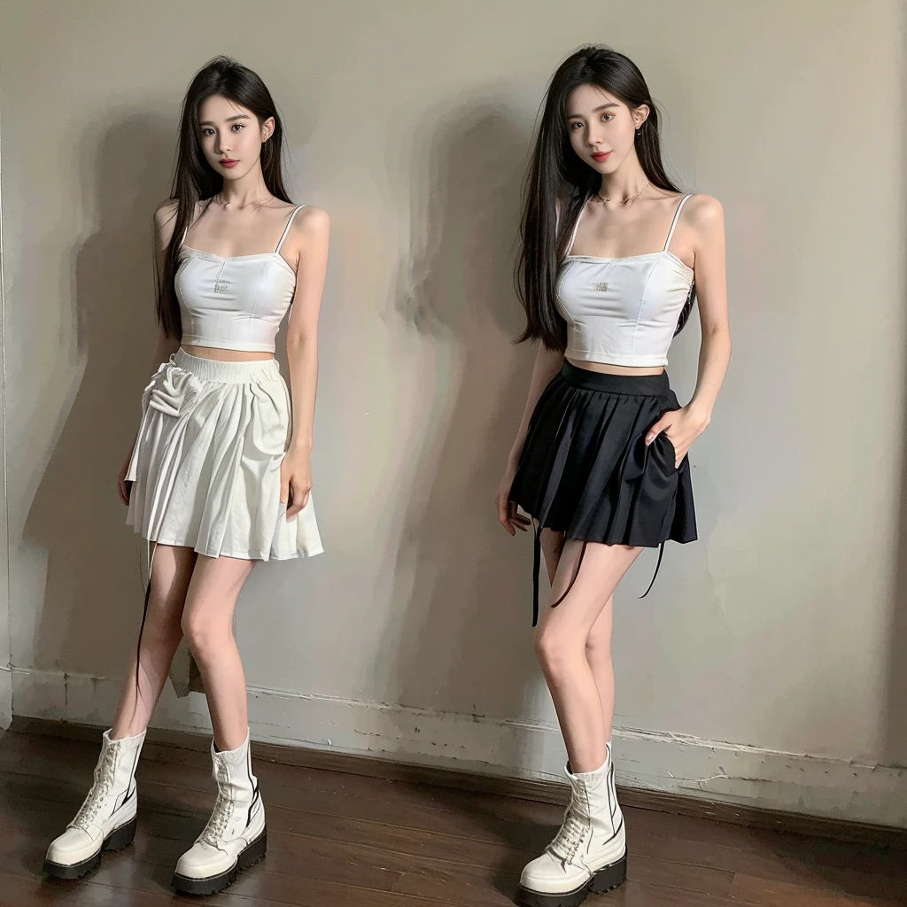 , twinsies、The ultra-detailliert, (A hem full flared skirt), (Oversized T-shirt with excess fabric when tucked into a skirt), (white strapless shirt), (Skirt full thigh), (knee-length outfit), ((full-body standing image)), (cotton spaghetti-strap top), (Scottish pleated midi skirt), (black midi skirt), (white sneakers), (a pair of white leather boots, highly detailed boots), (32K,1 20-year-old girl, The light from the rear room is backlit, Ray traching), (top meets skirt), (bare arms), (bare shoulder), (A hem full flared skirt),  (upper breasts are firm), (short upper chest), (full breasts)


