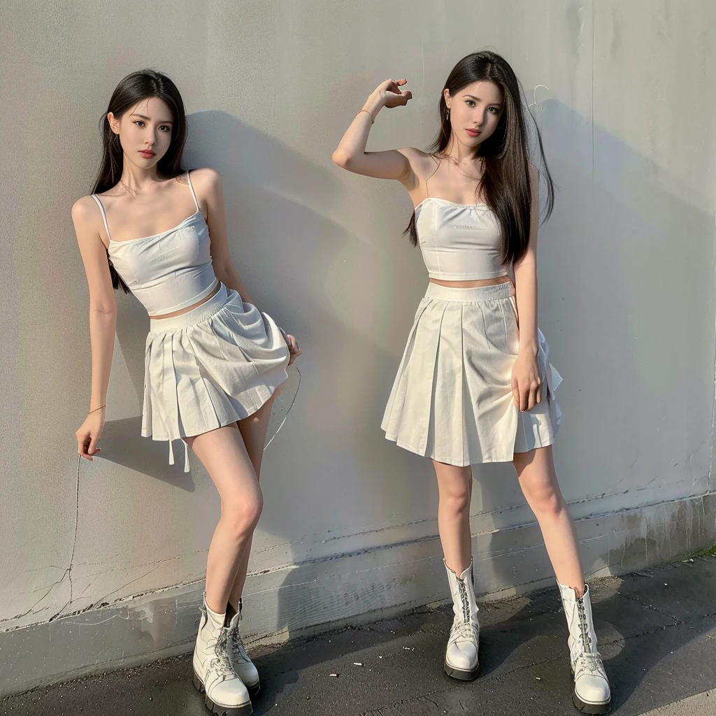 , twinsies、The ultra-detailliert, (A hem full flared skirt), (Oversized T-shirt with excess fabric when tucked into a skirt), (white strapless shirt), (Skirt full thigh), (knee-length outfit), ((full-body standing image)), (cotton spaghetti-strap top), (Scottish pleated midi skirt), (black midi skirt), (white sneakers), (a pair of white leather boots, highly detailed boots), (32K,1 20-year-old girl, The light from the rear room is backlit, Ray traching), (top meets skirt), (bare arms), (bare shoulder), (A hem full flared skirt),  (upper breasts are firm), (short upper chest), (full breasts)

