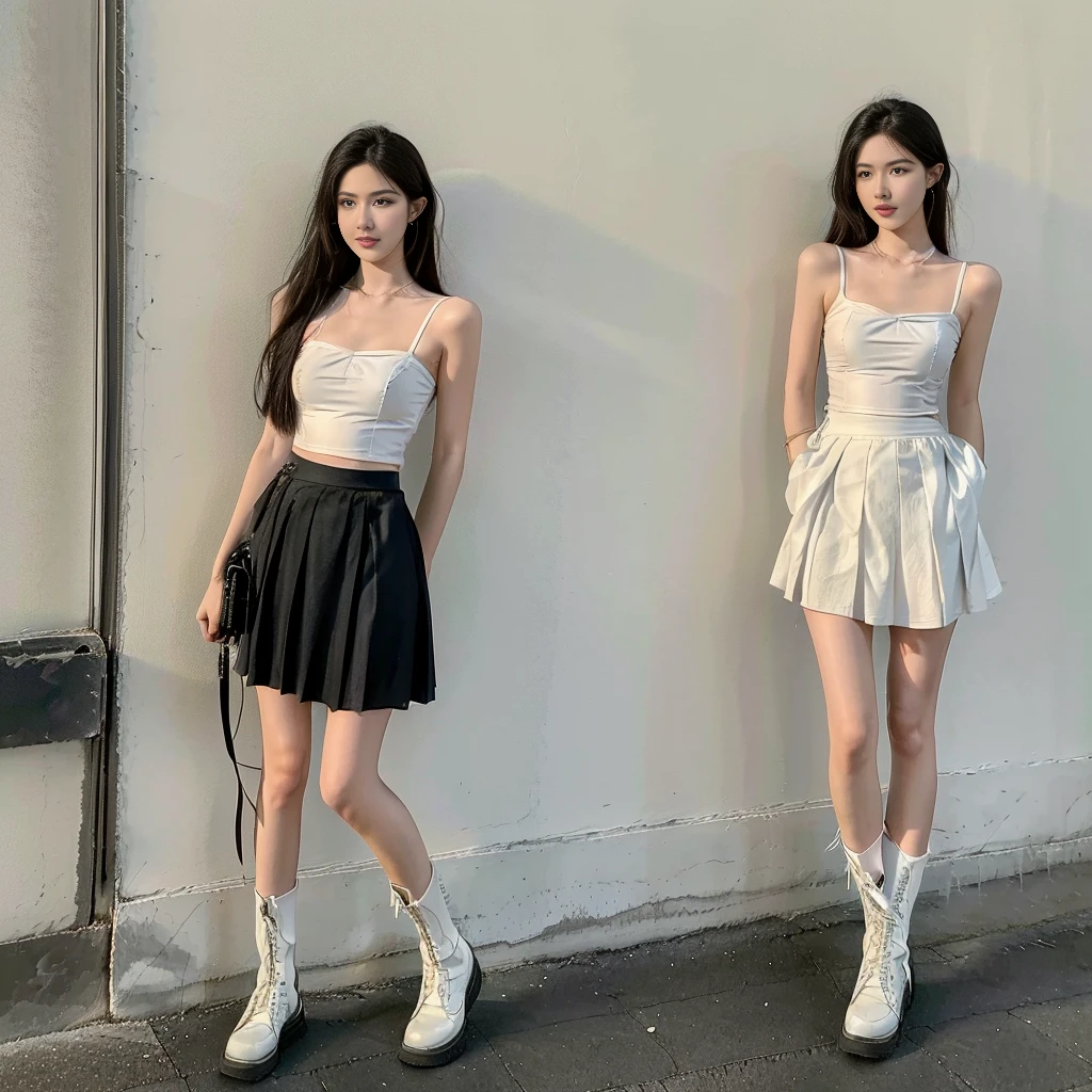, twinsies、The ultra-detailliert, (A hem full flared skirt), (Oversized T-shirt with excess fabric when tucked into a skirt), (white strapless shirt), (Skirt full thigh), (knee-length outfit), ((full-body standing image)), (cotton spaghetti-strap top), (Scottish pleated midi skirt), (black midi skirt), (white sneakers), (a pair of white leather boots, highly detailed boots), (32K,1 20-year-old girl, The light from the rear room is backlit, Ray traching), (top meets skirt), (bare arms), (bare shoulder), (A hem full flared skirt), (upper breasts are firm), (short upper chest), (full breasts)
