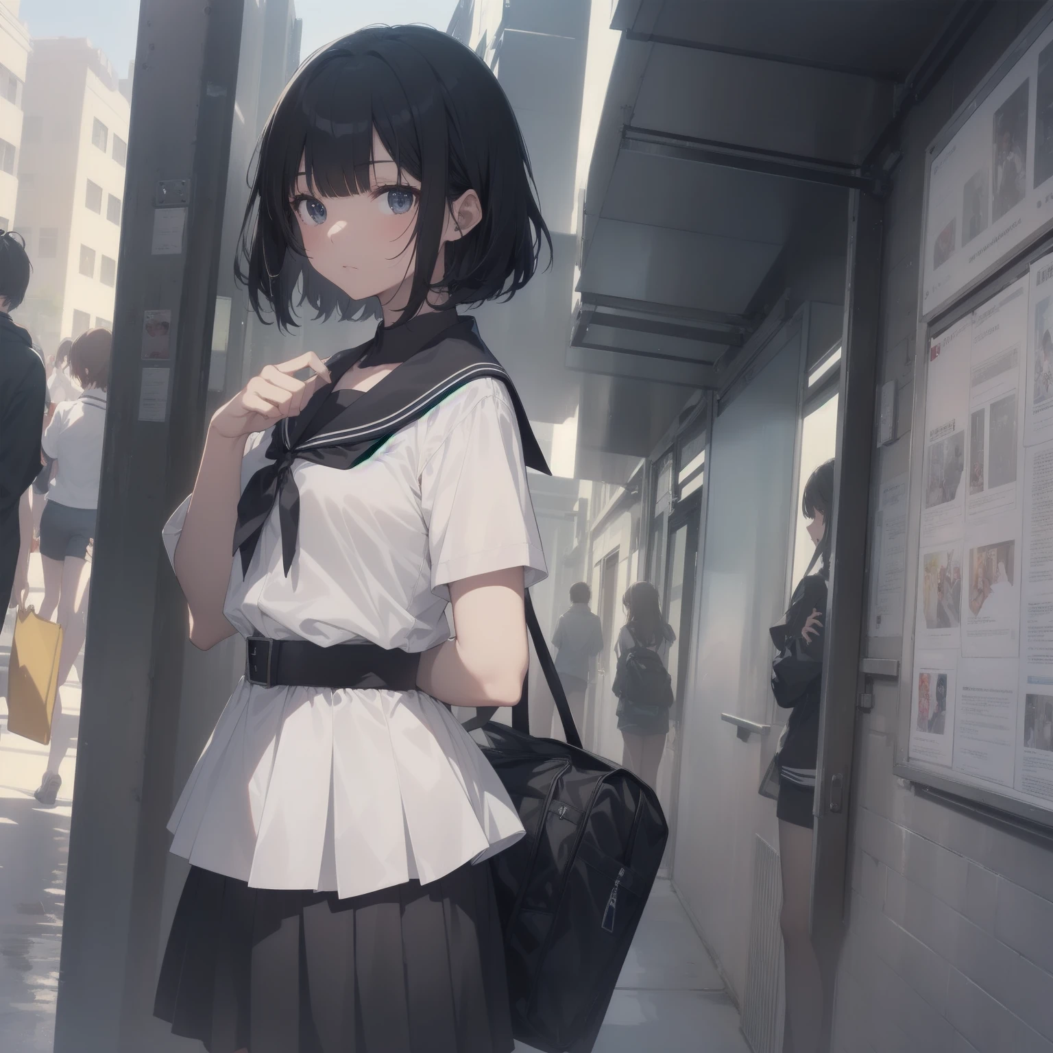 ultra-absurdres-Top quality by artist God, ultra-detailed, high resolution, anime moe artstyle, best anime 8k konachan wallpaper, pixiv contest winner, pool:2810, perfect anatomy,break, 1girl, (Please draw a girl walking sleepily to school alone. )break,(Solo,little female, 13-year-old:1.3),Full limbs, complete fingers,a junior high school student, (very short hair), short cut, flat chest, , small butt, small black eyes, beautiful detailed eyes, well-proportioned iris and pupils, expressive eyes, highres detailed hair, soft expression, salor school_uniform, sailor collar, serahuku, bow, pleated skirt,(Detailed Lighting), (Detailed background), in the School commute route. break,super detailed skin, Best cinematic lighting powered by famous artist, 8k,beauty illustration,photoshop_(medium),very aesthetic,break,((artist:takafumi )), artist:clamp ,artist:carnelian ,artist:kantoku ,