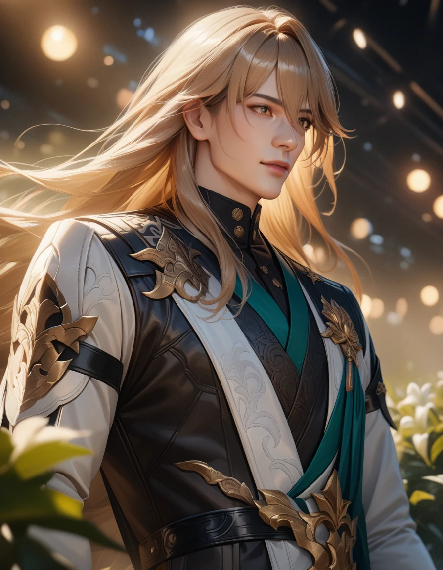 Luocha of Honkai star Rail, beautiful boy with long gold hair wearing a elegant clothes, holding a white liliums, standing in a garden with Honkai Star Rail architecture in the background, cinematic lighting, highly detailed, photorealistic, 8k, (best quality, 4k, 8k, highres, masterpiece:1.2), ultra-detailed, (realistic, photorealistic, photo-realistic:1.37), HDR, UHD, studio lighting, ultra-fine painting, sharp focus, physically-based rendering, extreme detail description, professional, vivid colors, bokeh