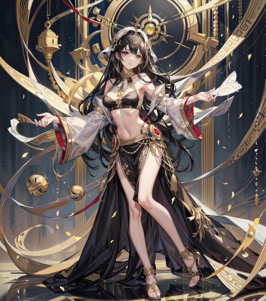 medium hair, black hair, medium tits, tearful mole, earring, whole body, gorgeous belly-dancer in jewelry-dress, white marble castle with golden ornates, Transparent white hanfu golden ornates, gold jewels,