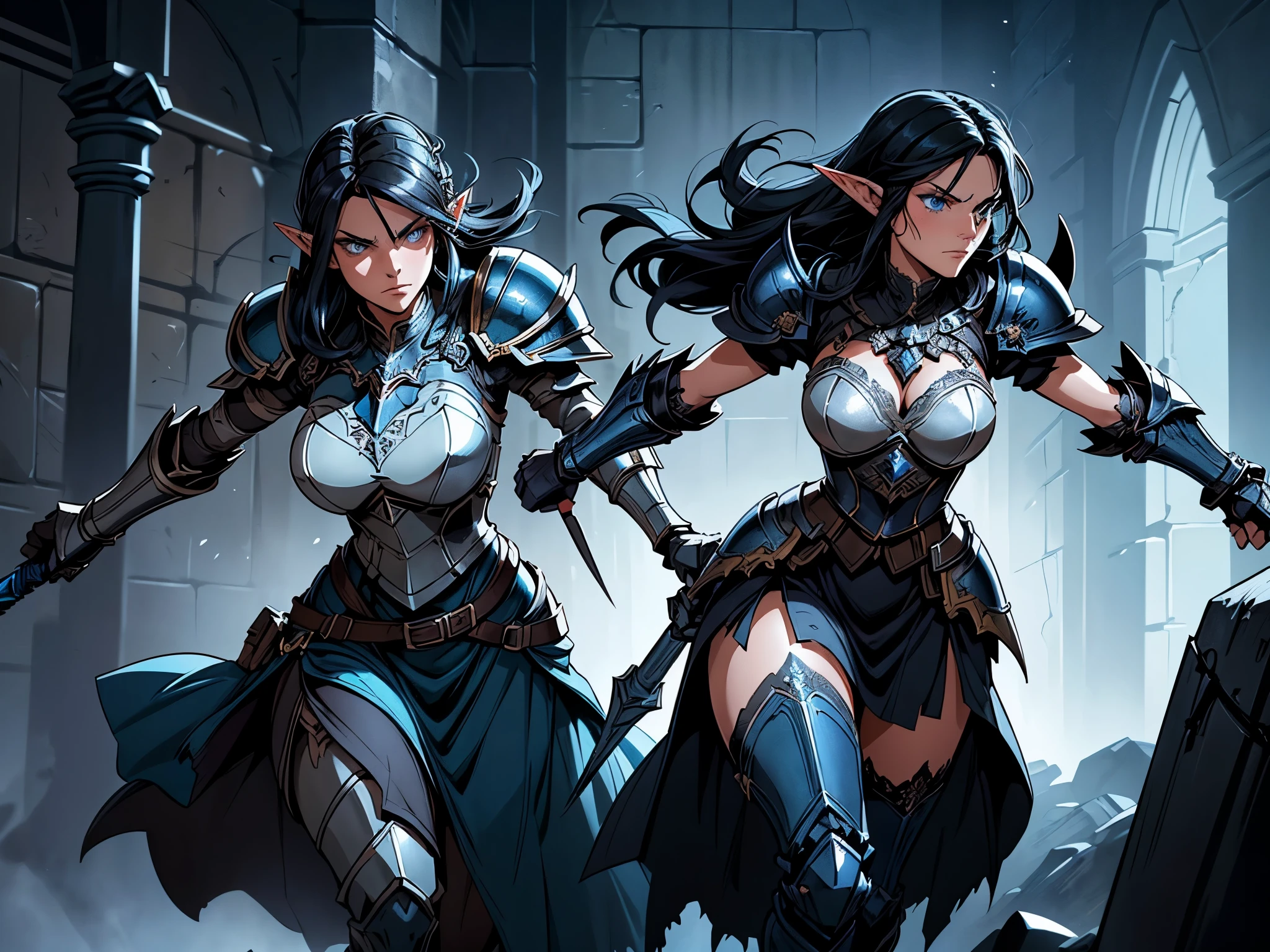 illustration of a resolute female elf with black hair intense blue eyes and a square jaw, running through a dungeon. She wears a striking armor chest plate, contrasting a billowing blue skirt with white lace details. She explores a dark dungeon carrying a mace. Dramatic shadows accentuate her commanding presence. torn dress, damaged armor.