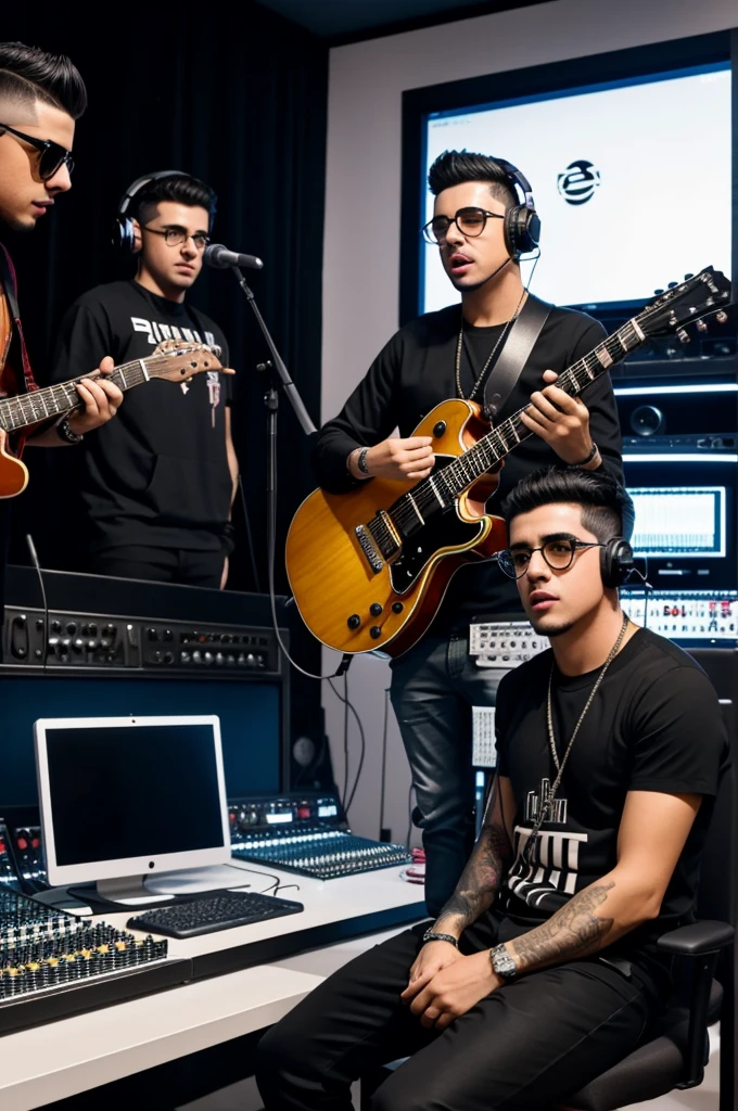 Generar una imagen que muestre a los artistas Mora, Bad Bunny, Rauw Alejandro and Feid together in a modern recording studio. Mora is sitting in a chair with headphones on, trabajando en una consola de mezcla. Bad Bunny is standing next to him, holding a microphone and singing. Rauw Alejandro is on the left, playing an electric guitar, while Feid is in the background, ajustando algunos controles en una computadora. El estudio tiene luces LED de colores, walls decorated with platinum records and high-tech recording equipment."