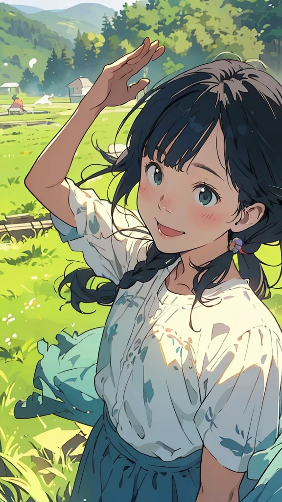 Reasonable design, Clear lines, High Sharpness, (Highest quality,4k,Perfect sharpness,Ultra fine,High resolution,masterpiece:1.2), Perfect Anatomy:1.5, Official Art, Illustrations that tell a story, (Whitish background:0. 9)、Body Positivity、多Mr.な身体表現、(Random and energetic poses)、Perfect beauty、Perfect beautiful face、Strong winds、A rich expression、Dynamic composition、smile、Golden ratio composition、colorful、((Mr.々Different angles and perspectives))、Anime Art、(Mini dress)、(Overcoming stereotypes)、 Glowing Skin、(Natural beauty)、smile、Bangs、(Soft and flowing hair)、(countryside)、(Nostalgic atmosphere)、Put up to your feet、(Playful and carefree)、(多Mr.な民族のキャラクター)、(innocent attitude)、(Sunny atmosphere)、(The skirt flutters wildly in the wind)、(Bright colors)、Beautiful Eyes、(Embarrassing)、Braided Hair、Summer Scene、