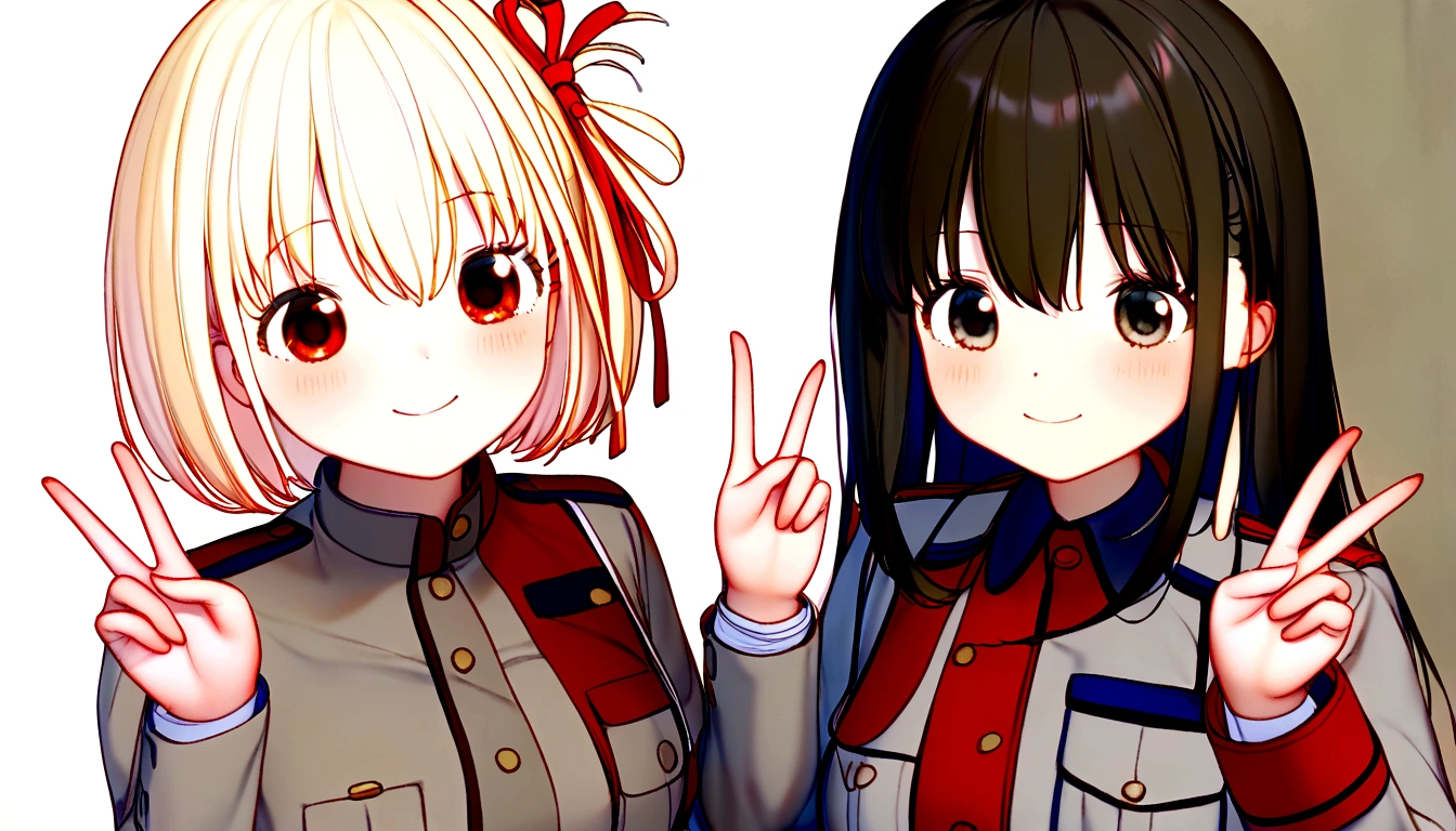 delicate、masterpiece、Highest quality、2 peopleの女の子、2 people、Licorice Recoil、rikorisu rikoiru、Anime characters、(((Nishikigi Sensoku、chisato、cute、Blonde、short hair、With bangs、Cute red and grey uniform、Peace pose、smile、)))、(((Takina Inoue、takina、Black Hair、Long Hair、Navy blue and gray cute uniform、cute、Peace pose、Emotionless、Being a bit prickly、)))、White Background、Flat Color、2 peopleとも正面を向いている、sketch