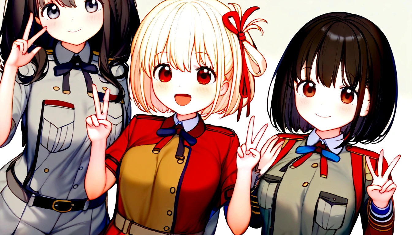 delicate、masterpiece、Highest quality、2 peopleの女の子、2 people、Licorice Recoil、rikorisu rikoiru、Anime characters、(((Nishikigi Sensoku、chisato、cute、Blonde、short hair、With bangs、Cute red and grey uniform、Peace pose、smile、)))、(((Takina Inoue、takina、Black Hair、Long Hair、Navy blue and gray cute uniform、cute、Peace pose、Emotionless、Being a bit prickly、)))、White Background、Flat Color、2 peopleとも正面を向いている、sketch