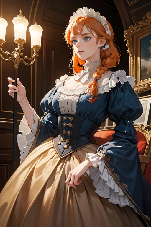 masterpiece, best quality, Practical, (absurd, High resolution, Super detailed), victorian era, Europe in the 18th century,noble,Orange hair color,braid, blue eyes, Delicate and meticulous, 8K, Reality, Dramatic Lighting, high quality, Complex design, classical portrait, enlarged texture, Exquisite details