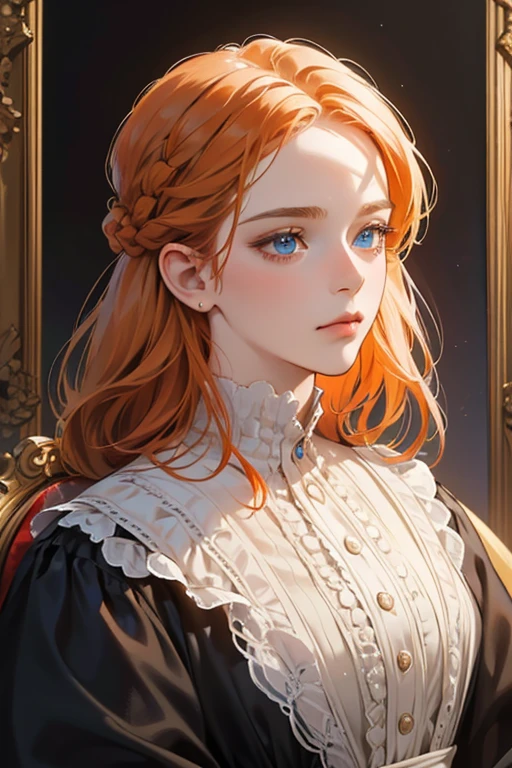 masterpiece, best quality, Practical, (absurd, High resolution, Super detailed), victorian era, Europe in the 18th century,noble,Orange hair color,braid, blue eyes, Delicate and meticulous, 8K, Reality, Dramatic Lighting, high quality, Complex design, classical portrait, enlarged texture, Exquisite details
