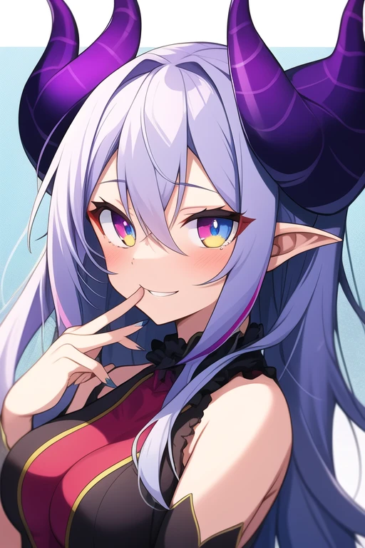 1 cute girl, flowing dynamic high pigtails, straight bangs, dark purple blue hair, open mouth, smiling with sharp teeth, elf ears, bust up image, simple white background, purple skin tone, dark purple hair, wearing a swimsuit, excited expresison, white background, dynamic hair
