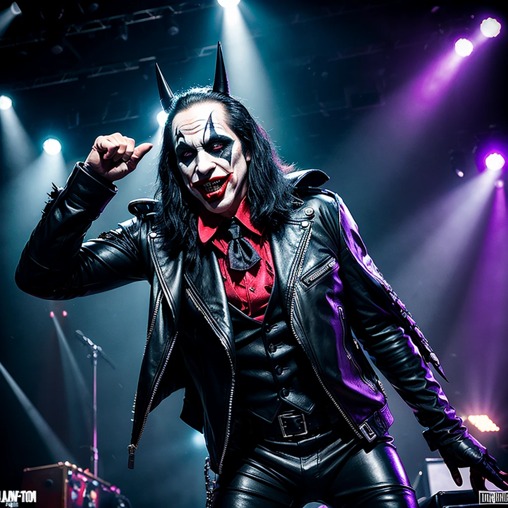 Candid photo of The Dark Knight Joker with iconic makeup, dark eyes, and red smile stands at the microphone center stage, capturing a raw and chaotic energy. Surrounding him, Gene Simmons and the rest of Kiss are in their flamboyant heavy makeup and leather outfits accented with spikes. The lighting is dramatic, with strong spotlights and colored beams cutting through the darkness to highlight the performers. The stage is full of movement, with the Joker gesturing wildly and Simmons sticking out his long tongue, creating a charged atmosphere of rebellion and frenetic excitement. Candid, high-energy rock concert, combining the dark, chaotic aesthetic of The Dark Knight's Joker with the flamboyant, theatrical style of Gene Simmons and Kiss. High contrast lighting, intense facial makeup, and dynamic stage presence. --style raw --s 0 --ar 10:16 --v 6.0