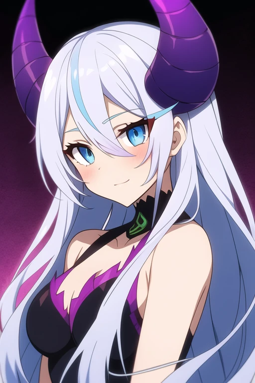 anime female demon with purple skin, long white hair, blue and amber eyes, and demon horns