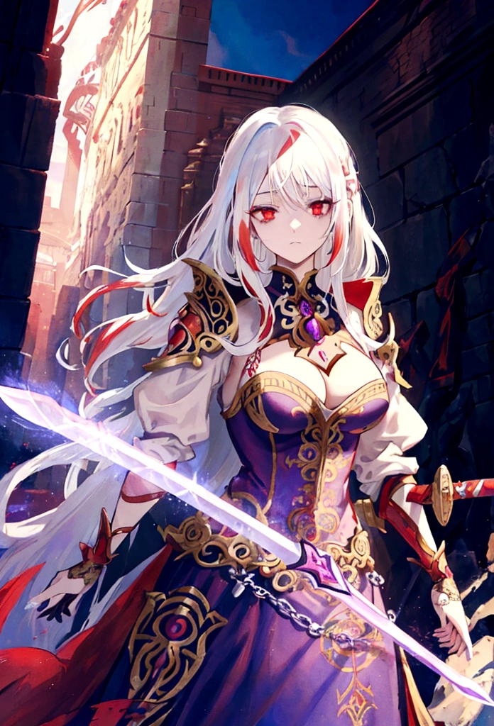 a woman with white hair and red streaks, neutral facial expression, detailed red eyes, holding a large ornate purple sword, detailed eyes, extremely detailed sword, cinematic dramatic lighting, fantasy, concept art
