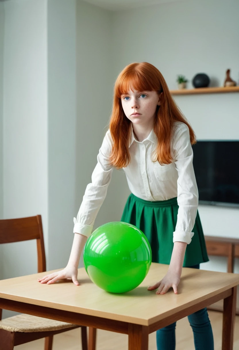 a beautiful girl of redhead used telekinesis levitates a green ball in the air on the table at home realistic