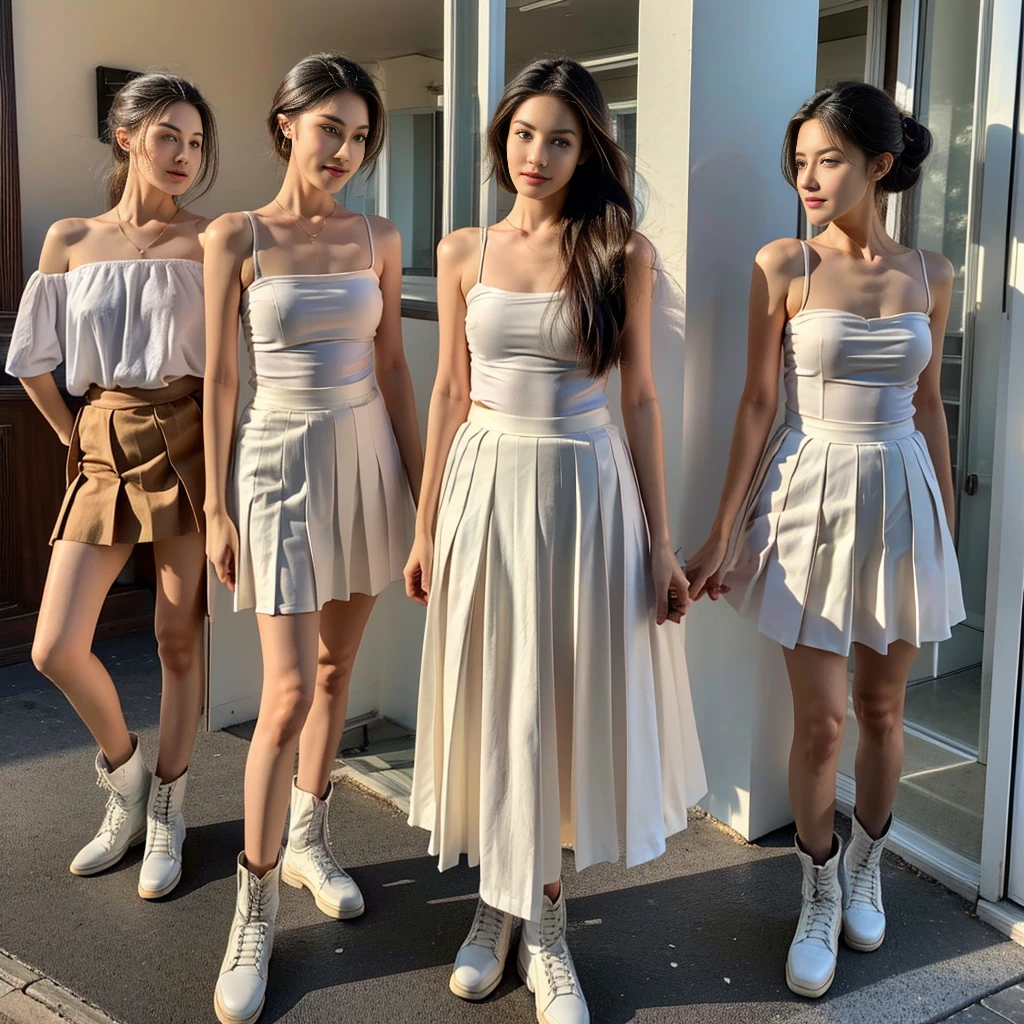 , twinsies、The ultra-detailliert, (A hem full flared skirt), (Oversized T-shirt with excess fabric when tucked into a skirt), (white strapless shirt), (Skirt full thigh), (knee-length outfit), ((full-body standing image)), (cotton spaghetti-strap top), (Scottish pleated midi skirt), (black midi skirt), (white sneakers), (a pair of white leather boots, highly detailed boots), (32K,1 20-year-old girl, The light from the rear room is backlit, Ray traching), (top meets skirt), (bare arms), (bare shoulder), (A hem full flared skirt), (upper breasts are firm), (short upper chest), (full breasts), (skirt cover knee), (large knee), (large shin)