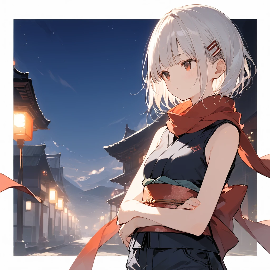 score_9, score_8_up, score_7_up, source_anime, best quality, masterpiece,ultra-detailed,official art, absurdres, highres, waifu2x, break,1girl, ninja girl, short hair, blunt bangs, small breasts,beautiful detailed eyes, expressionless, looking away, sleeveless,obi, shorts, scarf,  night, outdoors, break,(clear line illustration:1.2),very high resolution, very aesthetic, super detailed skin, Best cinematic lighting powered by famous artist, 8k,cool picture,beauty illustration,photoshop_(medium),,(Detailed Lighting),best anime 8k konachan wallpaper, pixiv contest winner, 
