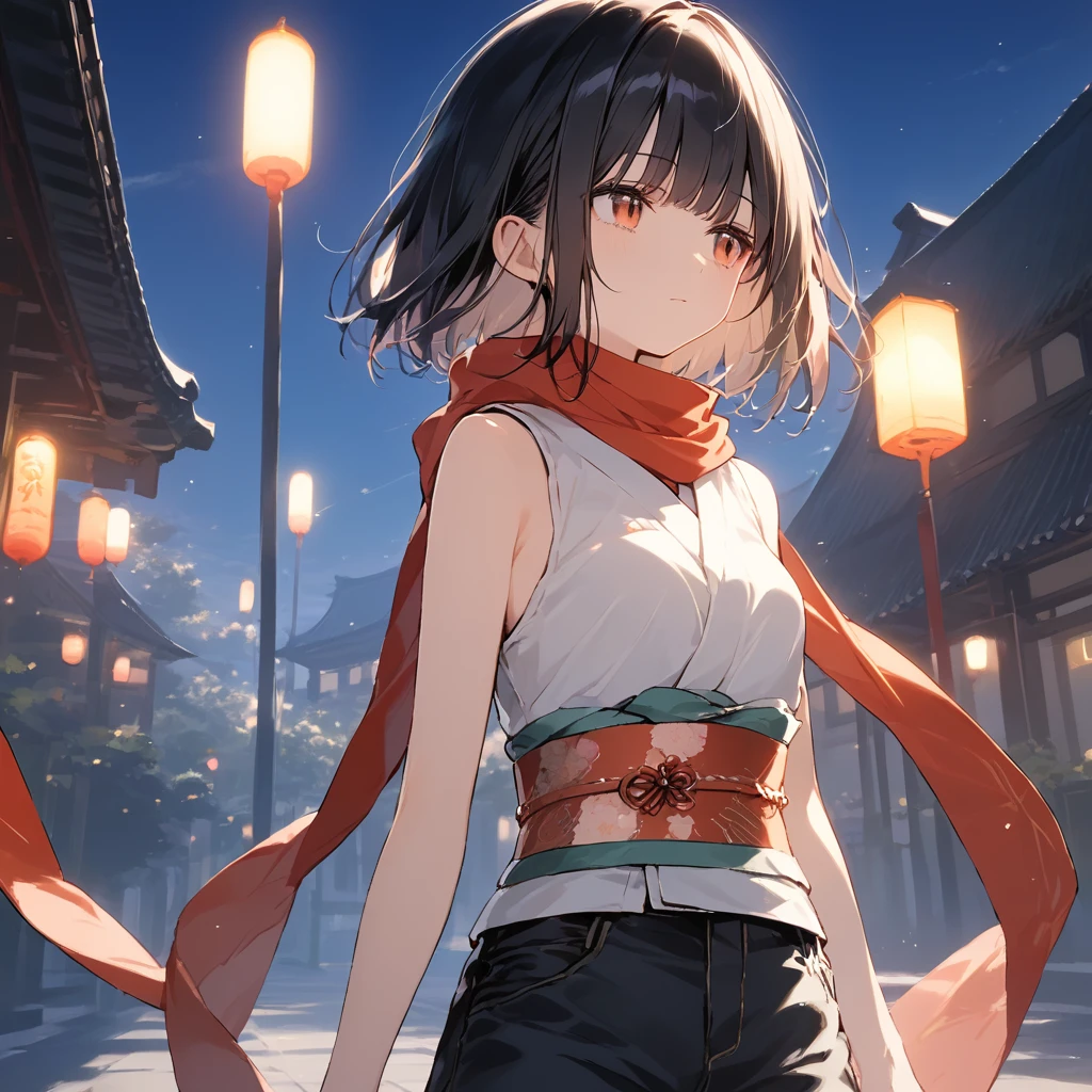 score_9, score_8_up, score_7_up, source_anime, best quality, masterpiece,ultra-detailed,official art, absurdres, highres, waifu2x, break,1girl, ninja girl, short hair, blunt bangs, small breasts,beautiful detailed eyes, expressionless, looking away, sleeveless,obi, shorts, scarf, night, outdoors, break,(clear line illustration:1.2),very high resolution, very aesthetic, super detailed skin, Best cinematic lighting powered by famous artist, 8k,cool picture,beauty illustration,photoshop_(medium),,(Detailed Lighting),best anime 8k konachan wallpaper, pixiv contest winner,