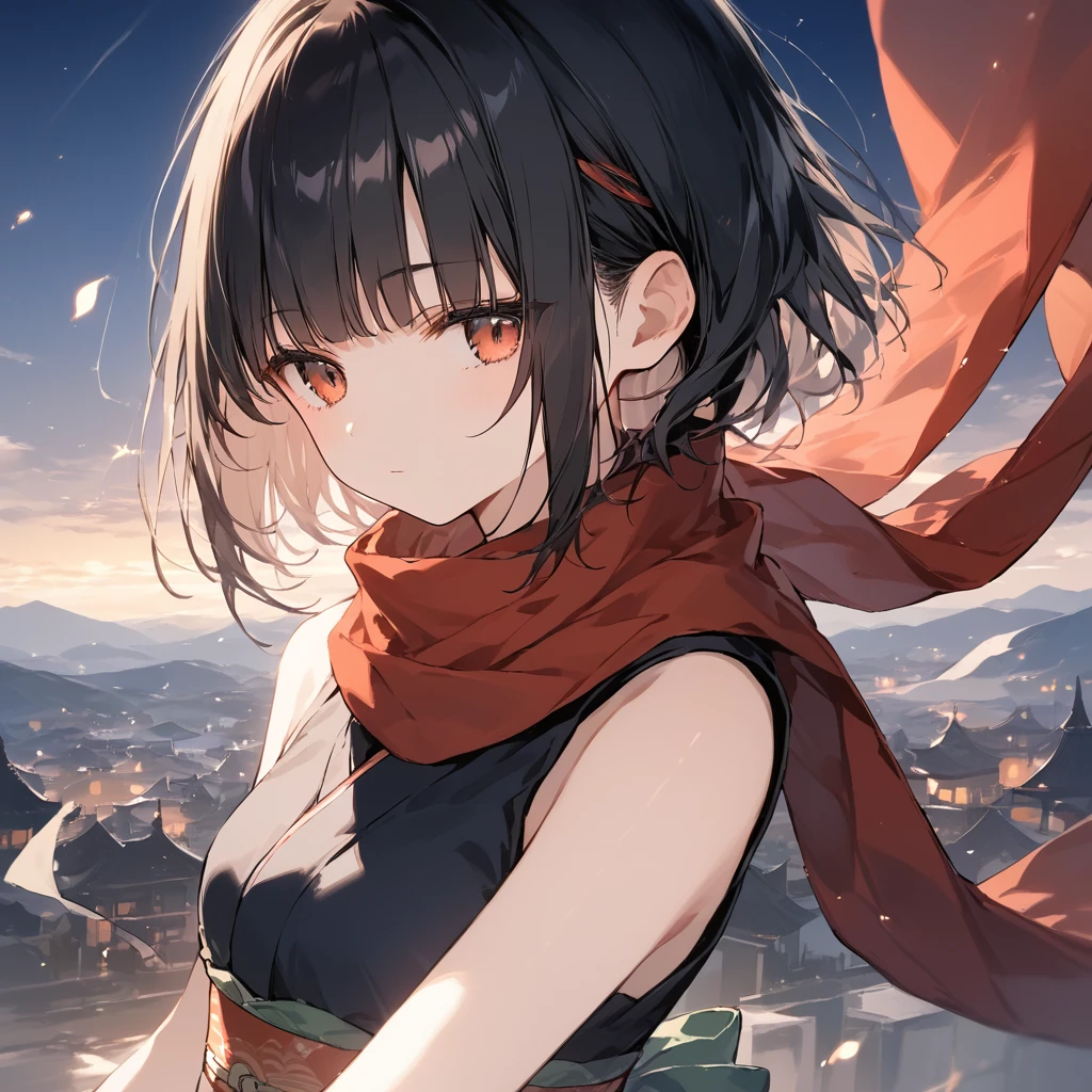 score_9, score_8_up, score_7_up, source_anime, best quality, masterpiece,ultra-detailed,official art, absurdres, highres, waifu2x, break,1girl, ninja girl, short hair, blunt bangs, small breasts,beautiful detailed eyes, expressionless, looking away, sleeveless,obi, shorts, scarf,  night, outdoors, break,(clear line illustration:1.2),very high resolution, very aesthetic, super detailed skin, Best cinematic lighting powered by famous artist, 8k,cool picture,beauty illustration,photoshop_(medium),,(Detailed Lighting),best anime 8k konachan wallpaper, pixiv contest winner, 

