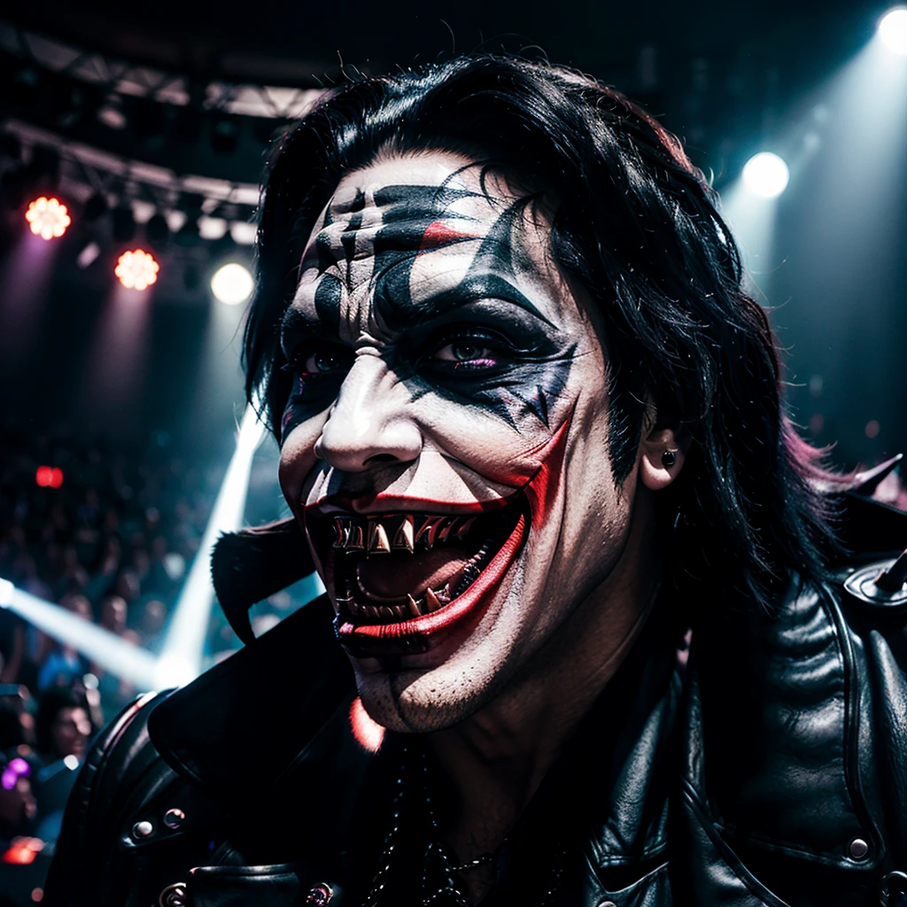 Candid photo of The Dark Knight Joker with iconic makeup, dark eyes, and red smile stands at the microphone center stage, capturing a raw and chaotic energy. Surrounding him, Gene Simmons and the rest of Kiss are in their flamboyant heavy makeup and leather outfits accented with spikes. The lighting is dramatic, with strong spotlights and colored beams cutting through the darkness to highlight the performers. The stage is full of movement, with the Joker gesturing wildly and Simmons sticking out his long tongue, creating a charged atmosphere of rebellion and frenetic excitement. Candid, high-energy rock concert, combining the dark, chaotic aesthetic of The Dark Knight's Joker with the flamboyant, theatrical style of Gene Simmons and Kiss. High contrast lighting, intense facial makeup, and dynamic stage presence. --style raw --s 0 --ar 10:16 --v 6.0