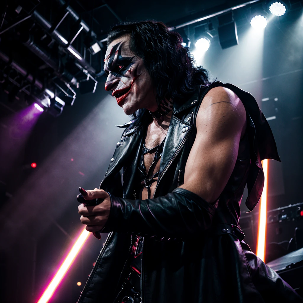 Candid photo of The Dark Knight Joker with iconic makeup, dark eyes, and red smile stands at the microphone center stage, capturing a raw and chaotic energy. Surrounding him, Gene Simmons and the rest of Kiss are in their flamboyant heavy makeup and leather outfits accented with spikes. The lighting is dramatic, with strong spotlights and colored beams cutting through the darkness to highlight the performers. The stage is full of movement, with the Joker gesturing wildly and Simmons sticking out his long tongue, creating a charged atmosphere of rebellion and frenetic excitement. Candid, high-energy rock concert, combining the dark, chaotic aesthetic of The Dark Knight's Joker with the flamboyant, theatrical style of Gene Simmons and Kiss. High contrast lighting, intense facial makeup, and dynamic stage presence. --style raw --s 0 --ar 10:16 --v 6.0