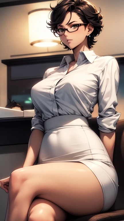 anime semi-realism style, a hot office lady wearing eye glasses, curly short hair, white shirt, black short skirt, sitting with crossed legs, 4k, HD, very detailed character.