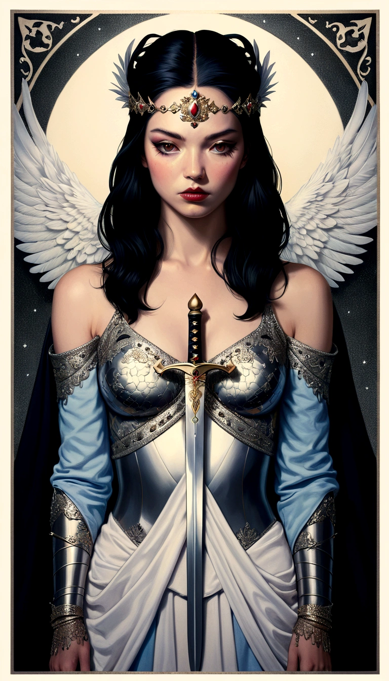 tarot card, chiaroscuro technique on sensual illustration of an queen of sword, Piercing Gaze, vintage queen, eerie, matte painting, by Hannah Dale, by Harumi Hironaka, extremely soft colors, hint of silver, highly detailed, digital artwork, high contrast, dramatic, refined, tonal, highest quality,anatomy correct,ultra-wide-angle,depth of fields, representing her ability to adapt in challenging situations, a small eagle, Focus on a color palette