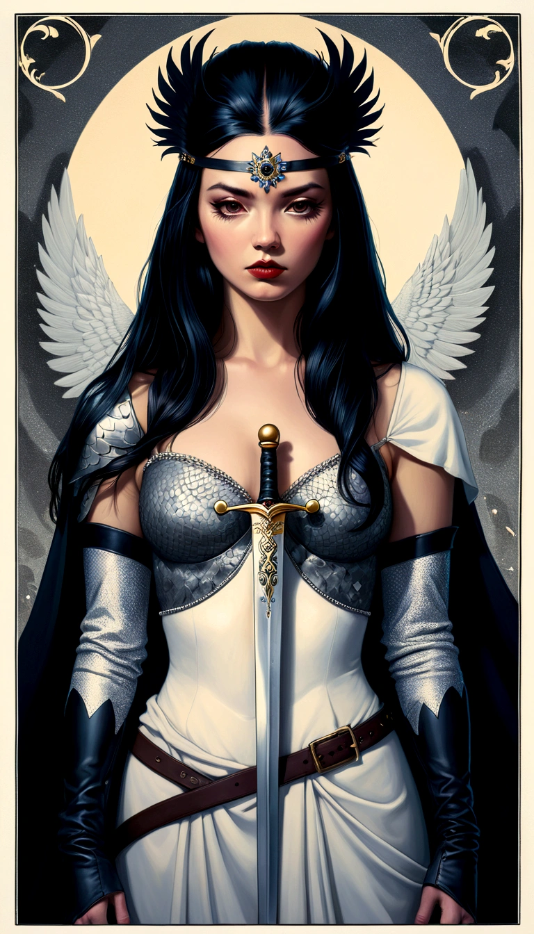 tarot card, chiaroscuro technique on sensual illustration of an queen of sword, Piercing Gaze, vintage queen, eerie, matte painting, by Hannah Dale, by Harumi Hironaka, extremely soft colors, hint of silver, highly detailed, digital artwork, high contrast, dramatic, refined, tonal, highest quality，anatomy correct，ultra-wide-angle，depth of fields, representing her ability to adapt in challenging situations, a small eagle, Focus on a color palette