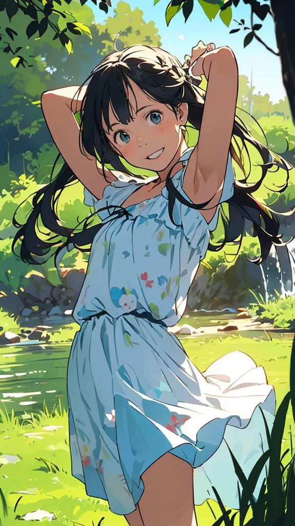 Reasonable design, Clear lines, High Sharpness, (Highest quality,4k,Perfect sharpness,Ultra fine,High resolution,masterpiece:1.2), Perfect Anatomy:1.5, Official Art, Illustrations that tell a story, (Whitish background:0. 9)、Body Positivity、多Mr.な身体表現、(Random and energetic poses)、Perfect beauty、Perfect beautiful face、Strong winds、A rich expression、Dynamic composition、smile、Golden ratio composition、colorful、((Mr.々Different angles and perspectives))、Anime Art、(Mini dress)、(Overcoming stereotypes)、 Glowing Skin、(Natural beauty)、smile、Bangs、(Soft and flowing hair)、(countryside)、(Nostalgic atmosphere)、Put up to your feet、(Playful and carefree)、(多Mr.な民族のキャラクター)、(innocent attitude)、(Sunny atmosphere)、(The skirt flutters wildly in the wind)、(Bright colors)、Beautiful Eyes、(Embarrassing)、Braided Hair、Summer Scene、
