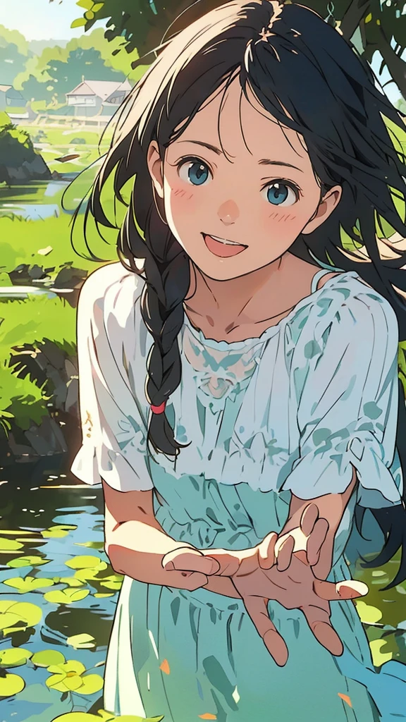 Reasonable design, Clear lines, High Sharpness, (Highest quality,4k,Perfect sharpness,Ultra fine,High resolution,masterpiece:1.2), Perfect Anatomy:1.5, Official Art, Illustrations that tell a story, (Whitish background:0. 9)、Body Positivity、多Mr.な身体表現、(Random and energetic poses)、Perfect beauty、Perfect beautiful face、Strong winds、A rich expression、Dynamic composition、smile、Golden ratio composition、colorful、((Mr.々Different angles and perspectives))、Anime Art、(Mini dress)、(Overcoming stereotypes)、 Glowing Skin、(Natural beauty)、smile、Bangs、(Soft and flowing hair)、(countryside)、(Nostalgic atmosphere)、Put up to your feet、(Playful and carefree)、(多Mr.な民族のキャラクター)、(innocent attitude)、(Sunny atmosphere)、(The skirt flutters wildly in the wind)、(Bright colors)、Beautiful Eyes、(Embarrassing)、Braided Hair、Summer Scene、