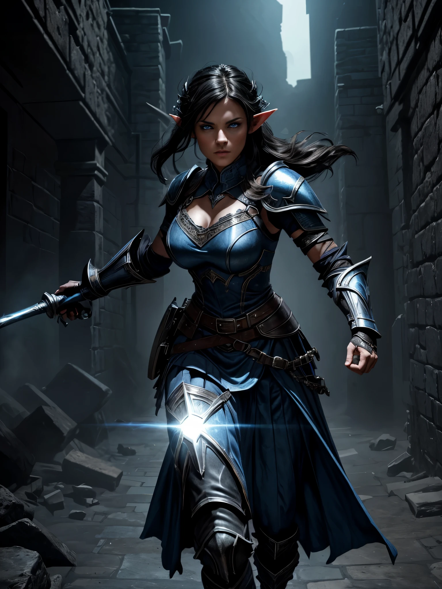 (best quality,4k,highres:1.2), volumetric lighting, a resolute female elf with black hair intense blue eyes and a square jaw, running through a dungeon. She wears a striking armor chest plate, contrasting a billowing blue skirt with white lace details. She explores a dark dungeon carrying a mace. Dramatic shadows accentuate her commanding presence. torn dress, damaged armor.