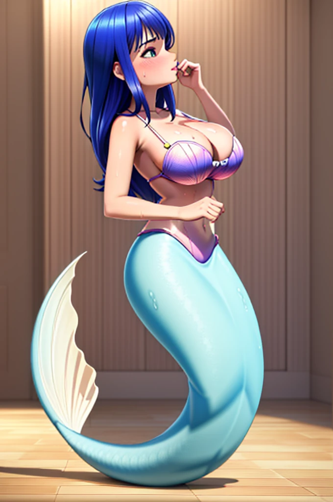 (8k, RAW photo, best quality, masterpiece:1.2), (intricate details), perfect eyes, perfect face, perfect lighting, beautiful, (masterpiece:1.2), (best quality:1.2), 1mermaid, solo, Marinette, blue hair, ((loosen hair, )), adult torso, (wet skin, sweating, dripping, glistening skin,) 19 years old, slight smile, huge sized breasts, (shell top,) 3DMM, kissing, (french kiss)