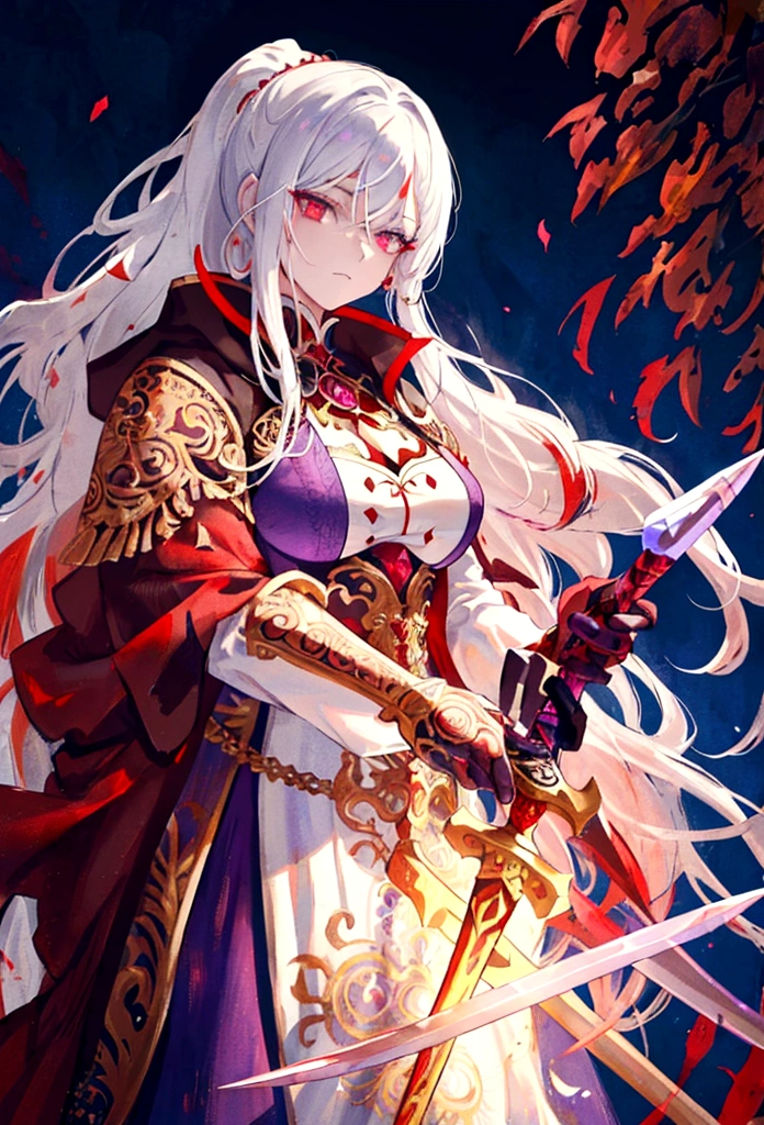 a woman with white hair and red streaks, neutral facial expression, detailed red eyes, holding a large ornate purple sword, detailed eyes, extremely detailed sword, cinematic dramatic lighting, fantasy, concept art