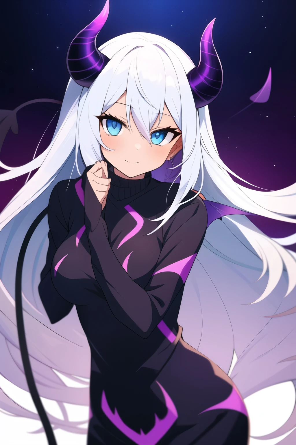 anime female demon with purple skin, long white hair, blue and amber eyes, and demon horns