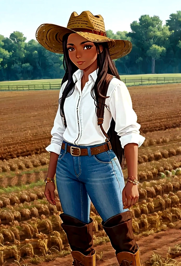 Ebony, brunette skin, farm girl, cowboy hat, farm background, teenage, boots, cowgirl, farm fem clothes