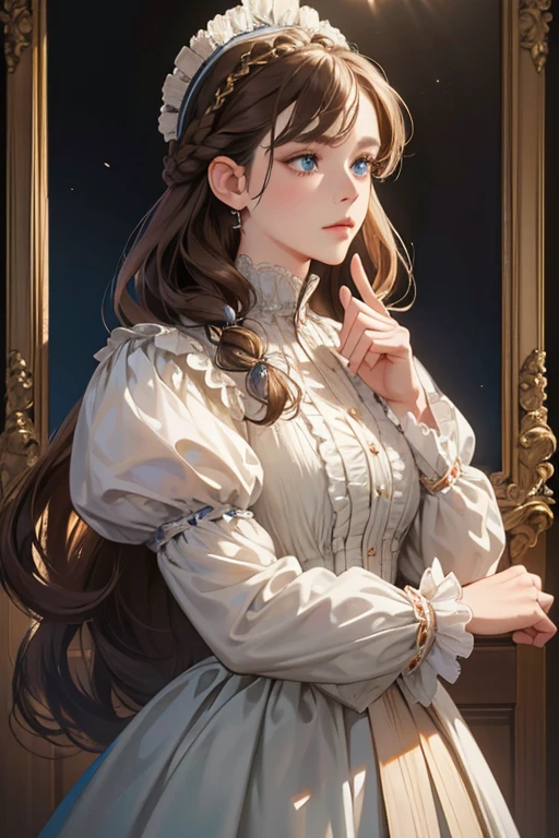 masterpiece, best quality, Practical, (absurd, High resolution, Super detailed), victorian era, Europe in the 18th century,noble, brown hair color,braid, blue eyes, Delicate and meticulous, 8K, Reality, Dramatic Lighting, high quality, Complex design, classical portrait, enlarged texture, Exquisite details
