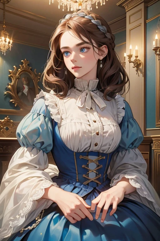 masterpiece, best quality, Practical, (absurd, High resolution, Super detailed), victorian era, Europe in the 18th century,noble, brown hair color,braid, blue eyes, Delicate and meticulous, 8K, Reality, Dramatic Lighting, high quality, Complex design, classical portrait, enlarged texture, Exquisite details