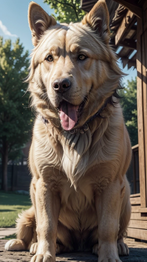 a giant dog, a huge dog, a big dog, a majestic dog, a powerful dog, a muscular dog, a fluffy dog, a furry dog, a cute dog, a playful dog, a friendly dog, a loyal dog, a guard dog, a watchdog, (best quality,4k,8k,highres,masterpiece:1.2),ultra-detailed,(realistic,photorealistic,photo-realistic:1.37),detailed fur texture, extremely detailed eyes and face, longeyelashes, intricate details, natural lighting, cinematic lighting, vibrant colors, warm color palette, golden hour lighting, dramatic shadows, detailed background, lush environment, picturesque landscape, photorealistic 3D render, highly detailed 3D model, ultra-high definition