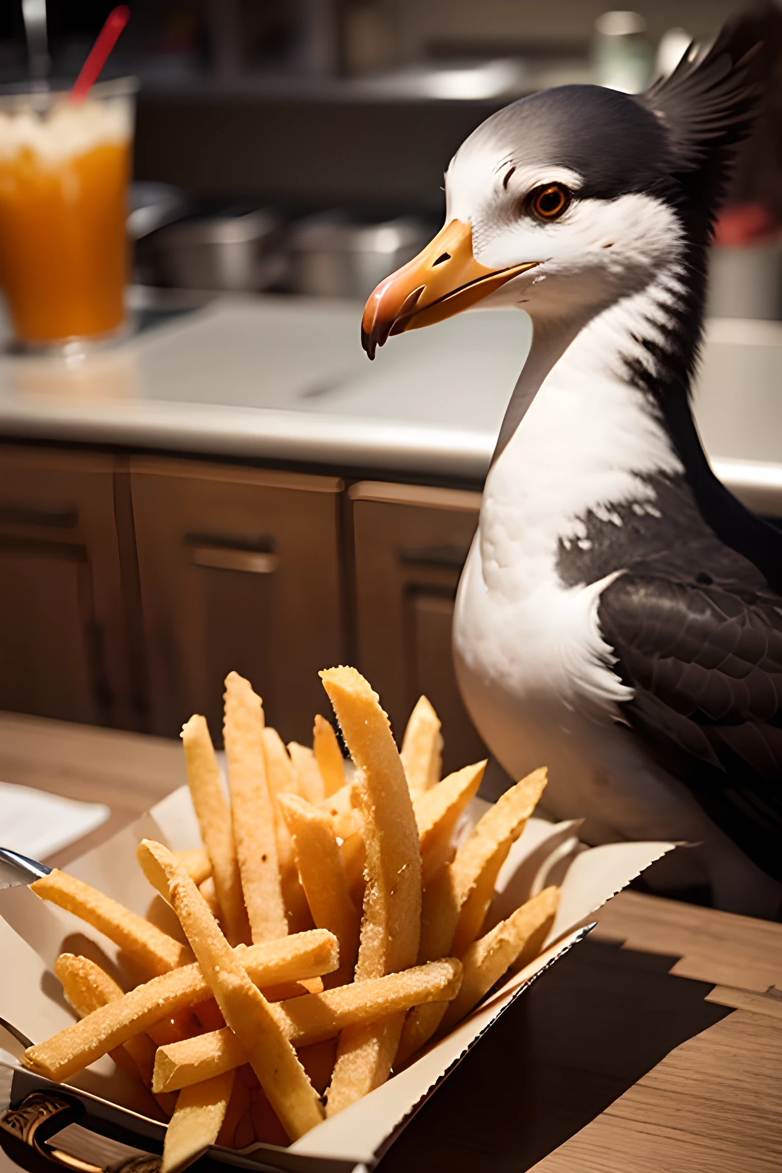 Anthro Seagull, snacking on French fries, masterpiece, best quality, ultra-detailed, anthro, bird