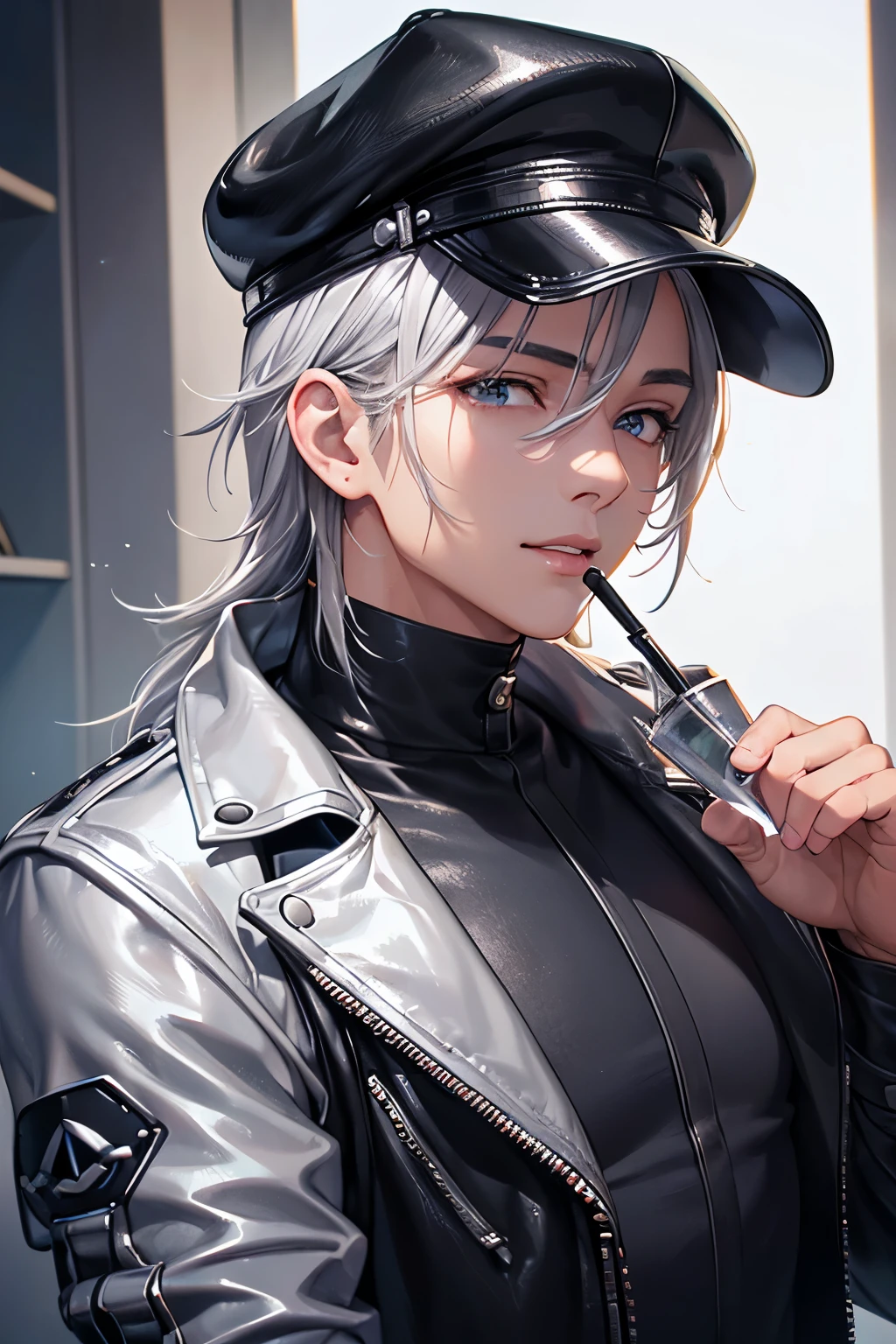 Handsome young man wearing a leather jacket, wearing a cap, with silver hair, holding ice cream, silver messy hair, handsome, (8k, RAW photo, photorealistic:1.25) ,( lipgloss, eyelashes, man, gloss-face, glossy skin, dark skin, dark snik, male, best quality, ultra highres, young man, depth of field, chromatic aberration, caustics, Broad lighting, natural shading,Kpop idol) looking at viewer with a serene and god-like happiness,