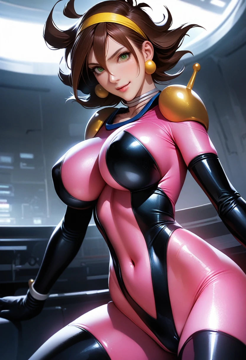 Rain Mikamura,yellow headband,perfect hands, perfect finger,perfect anatomy, masterpiece, best quality,realistic, hyperrealistic, 16k hdr,1girl, large breasts,erected nipples,brown hair, medium hair,green eyes,mobile trace suit, shoulder armor,pink and black bodysuit,sexy pose, upper body, cockpit,from below,red blush,smile,spread legs,sitting