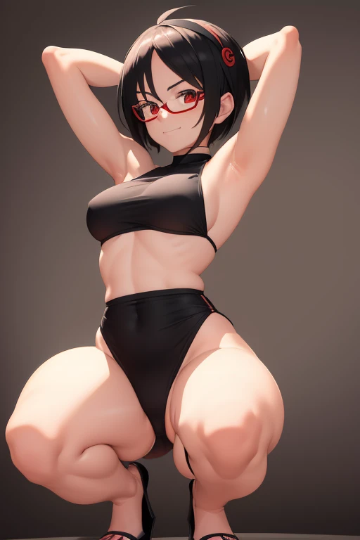 masterpiece, absurdres, hdr, soft light, best quality, detailed, high quality fanart, anime - style illustration of a woman in a bikini and high heels, shiny wet skin!!, sexy squatting pose, thicc, commission for high res, small curvy , sweaty wet skin, lewd, ((Arms behind head)), ((armpits)), ((looking at viewer)), smile, closed mouth, upright, uchiha sarada, konoha headband, short hair, black hair, red eyes, red glasses, sharingan, seductive smile ,rear perspective