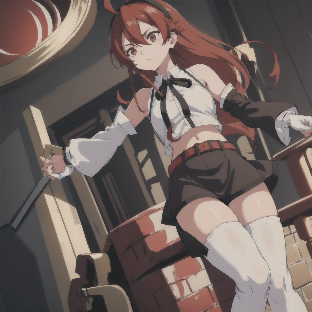 (masterpiece, best quality),  intricate details,
1girl, solo,eris greyrat, ahoge, hair between eyes, long hair, (red eyes:1.5), red hair, sidelocks, (small breast:1.2), eris greyrat, ahoge, hair between eyes, long hair, (red eyes:1.5), red hair, sidelocks, (large breast:1.2), black hairband, black ribbon
brown skirt, hairband, long sleeves, neck ribbon, pantyhose, ribbon, shirt, shoulder cutout, skirt, white pantyhose, white shirt, wide sleeves, bare arms, bare shoulders, belt, black footwear, black gloves, black shorts, black thighhighs, boots, crop top, fingerless gloves, gloves, hairband, black hairband, midriff, navel, shirt, short shorts, shorts, sleeveless, sleeveless shirt, stomach, thigh boots, thighhighs, white shirt, wing collar,